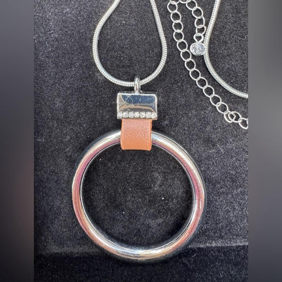 White House Black Market Silver-Tone Ring Pendant Long Necklace with Tan Accent - Picture 2 of 5